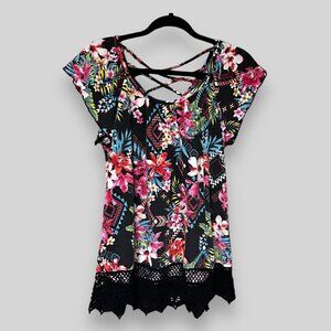 Floral Lace Hem Crossback Tunic Top With Short Flutter Sleeves - Black & Multico